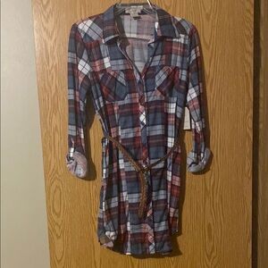 Plaid Button-Up Shirt Dress with Belt